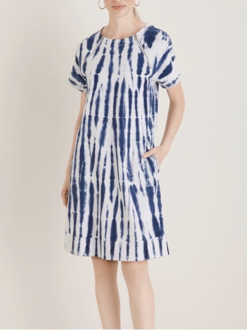 Chico's Navy and White Tie-Dye Short Sleeve Shift Dress